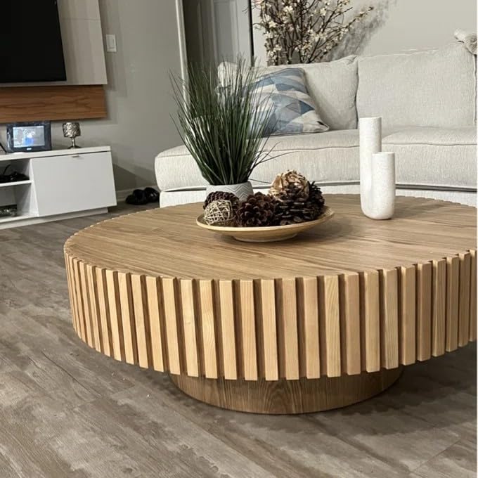 DREAMODERN 31.49'' Round Coffee Table Wood End Table for Living Room, Modern Contemporary Circle Fluted Drum Side Table, Easy Assembly for Small Space - ø31.49'' x 13.7''H Oak