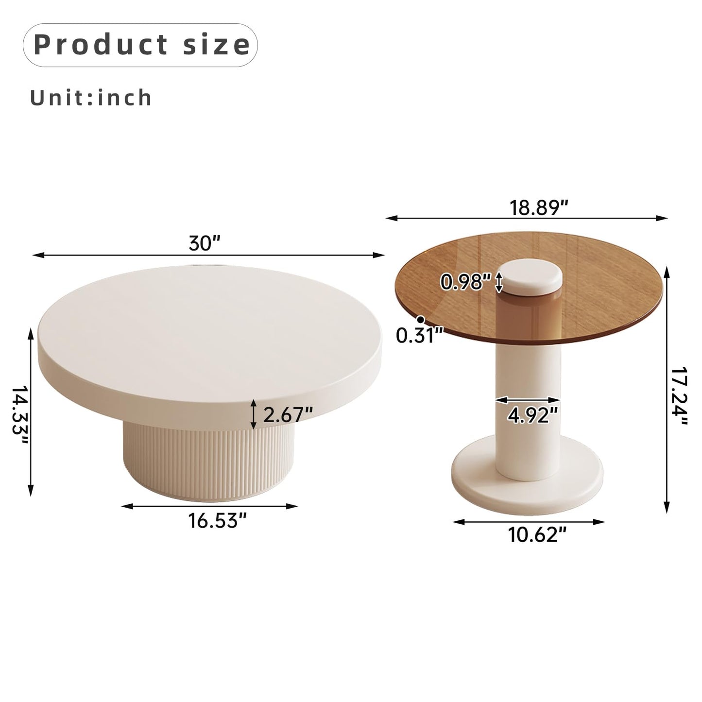 QEZEOM Round Coffee Table Set of 2, Cream White End Table for Living Room, Unique Circle Stacking Tempered Glass Side Table, Nesting Drum Center Table, Easy to Move & Assemble for Small Space