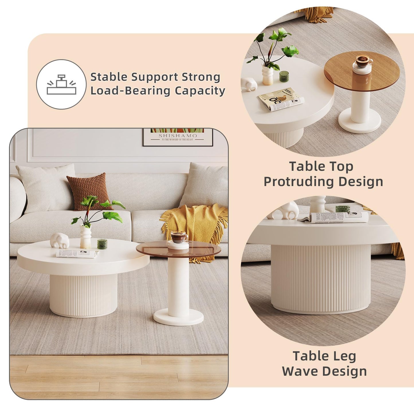 QEZEOM Round Coffee Table Set of 2, Cream White End Table for Living Room, Unique Circle Stacking Tempered Glass Side Table, Nesting Drum Center Table, Easy to Move & Assemble for Small Space