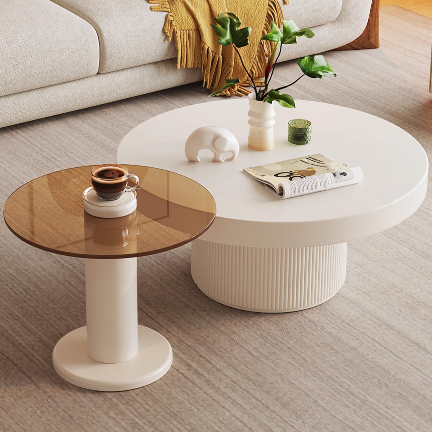 QEZEOM Round Coffee Table Set of 2, Cream White End Table for Living Room, Unique Circle Stacking Tempered Glass Side Table, Nesting Drum Center Table, Easy to Move & Assemble for Small Space