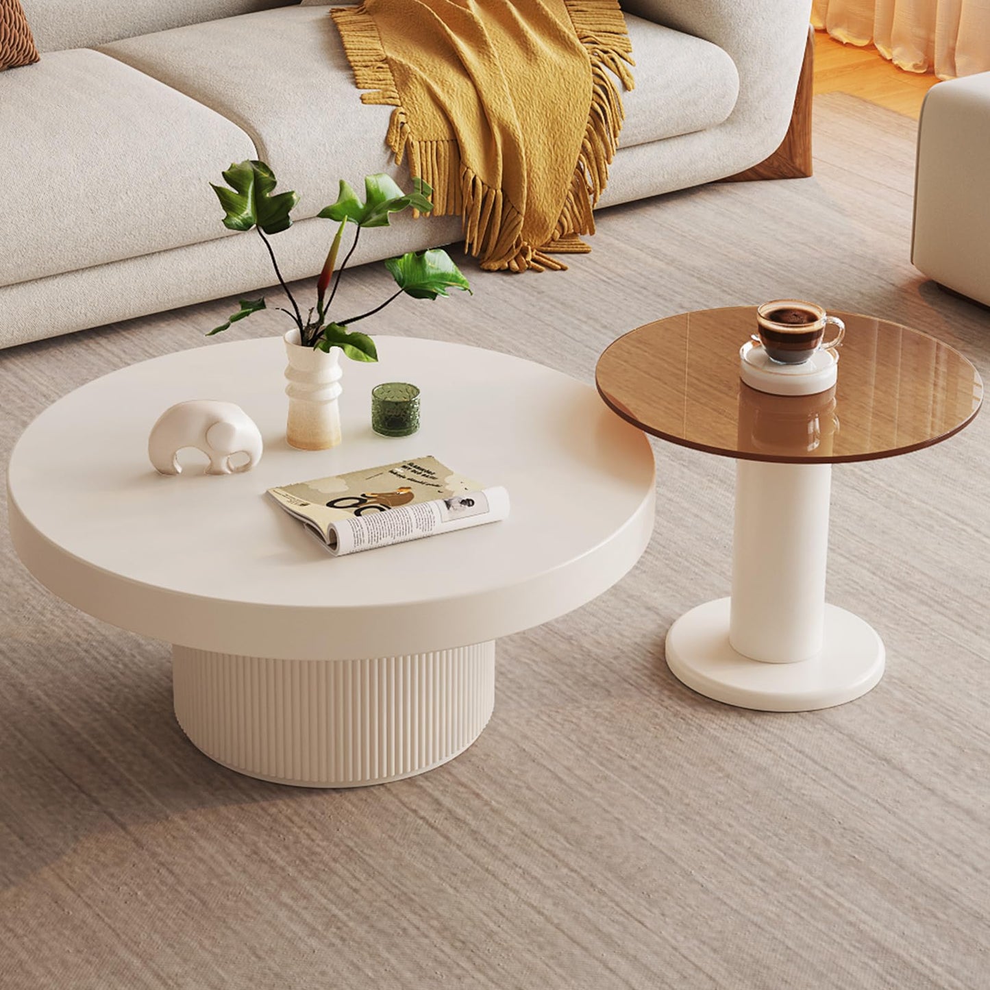 QEZEOM Round Coffee Table Set of 2, Cream White End Table for Living Room, Unique Circle Stacking Tempered Glass Side Table, Nesting Drum Center Table, Easy to Move & Assemble for Small Space