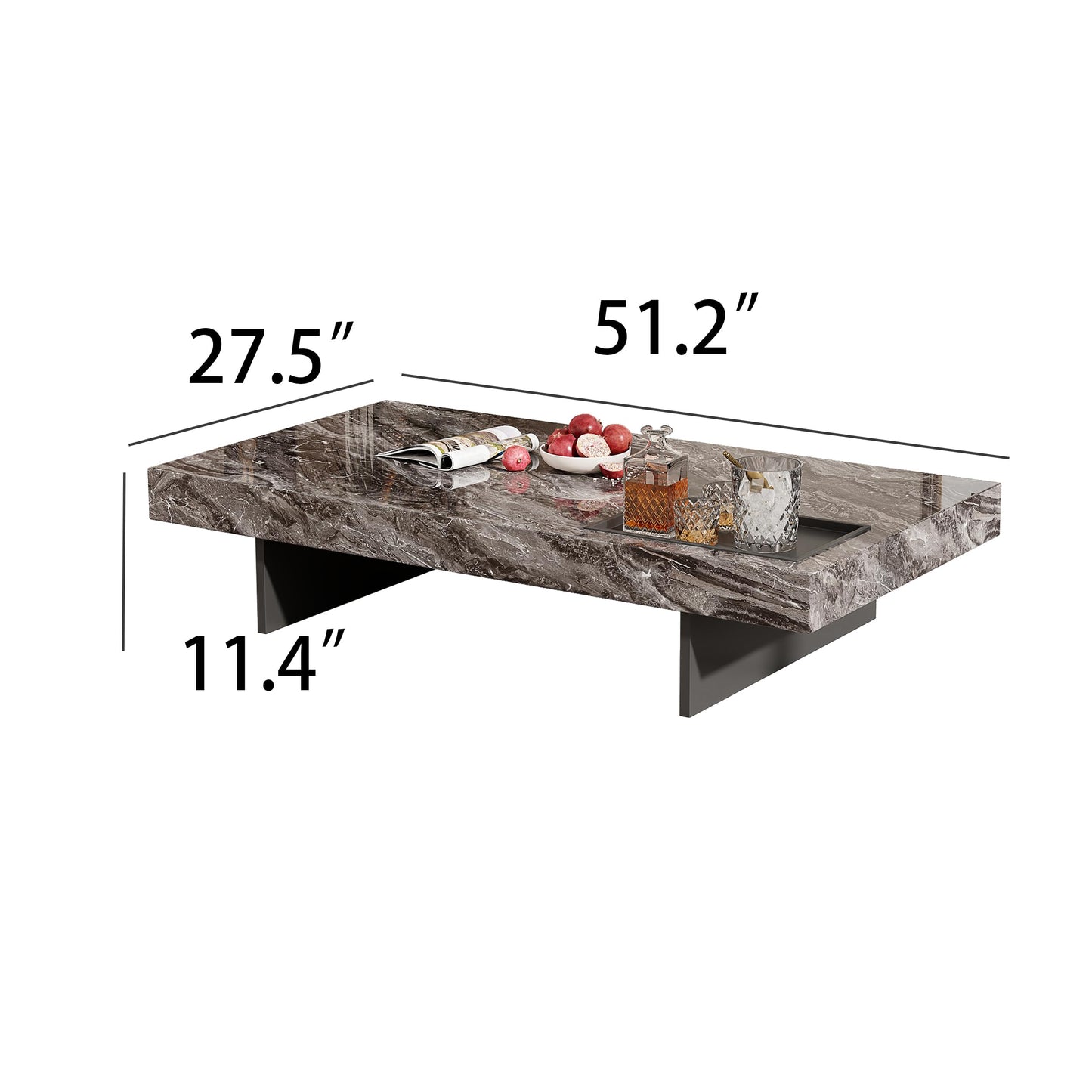 Modern Coffee Table for Living Room, 51.2" Large Rectangle Living Room Table Sintered Stone Tabletop with Black Stainless Steel Legs, Center Table for Home Office