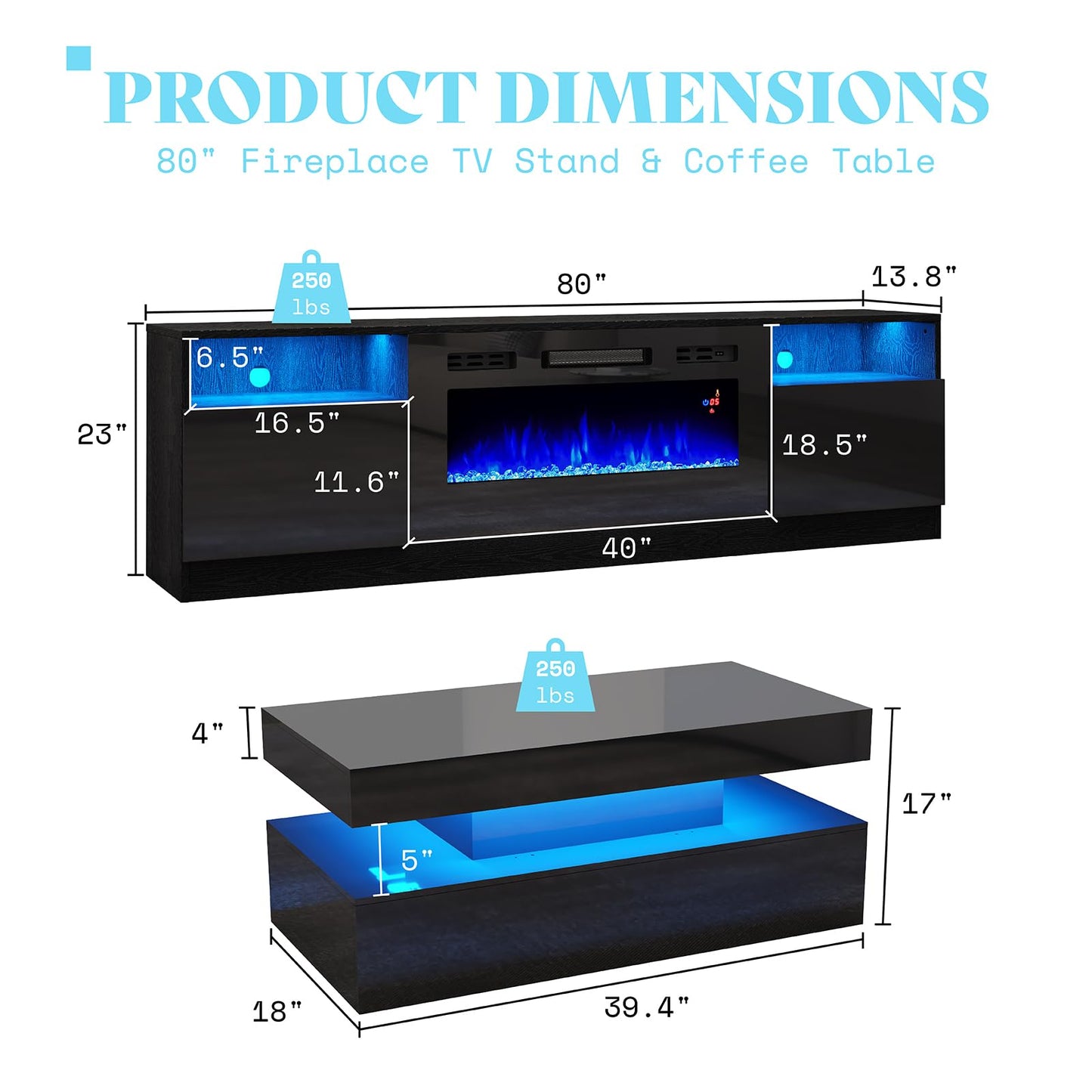 AMERLIFE 2-Piece Modern High Gloss Living Room Table Set, 80" Fireplace TV Stand, 39.4" Coffee Table with 2-Tier Storage, LED Lights Entertainment Center Set, Black