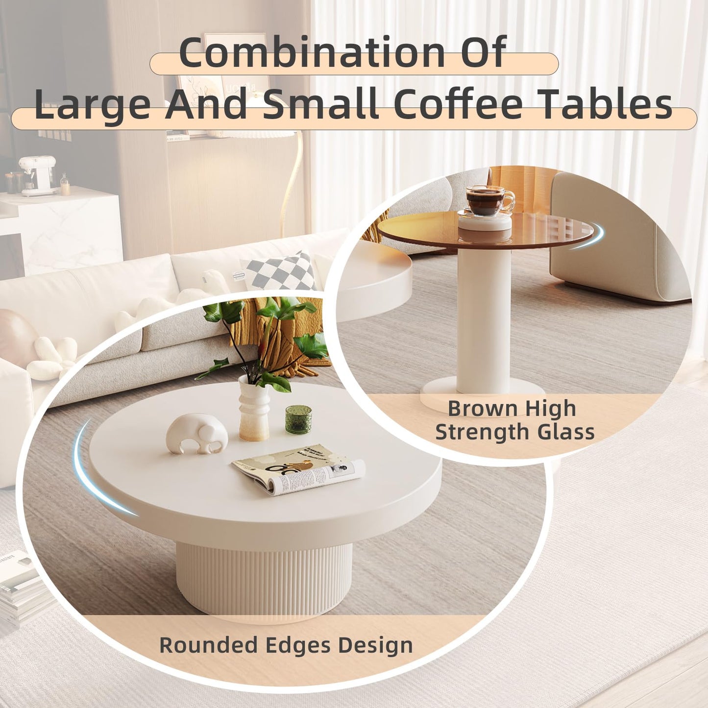 QEZEOM Round Coffee Table Set of 2, Cream White End Table for Living Room, Unique Circle Stacking Tempered Glass Side Table, Nesting Drum Center Table, Easy to Move & Assemble for Small Space