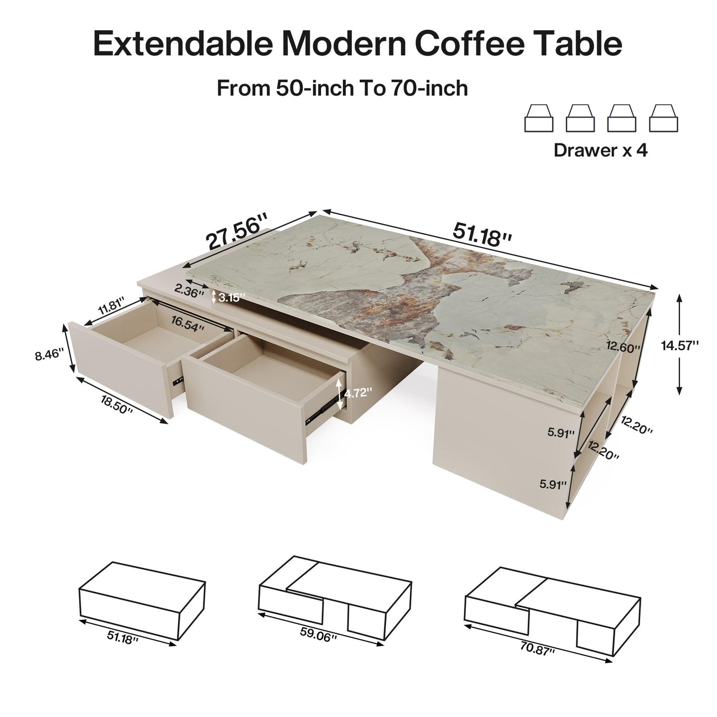 Tribesigns Extendable Tabletop Coffee Table with 4 Drawers & Storage Shelf, Modern from 51-Inch to 71-Inch Center Table for Living Room, Faux Marble Veneer