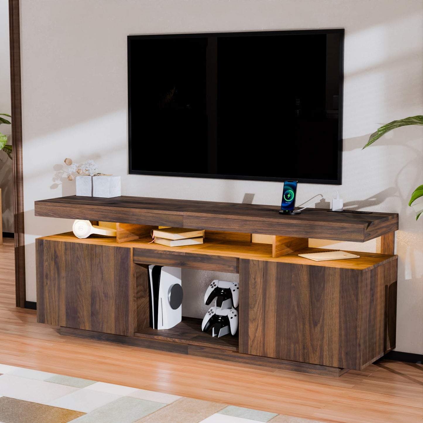 HOMMPA LED Lift Top Coffee Table and TV Stand Set of 2,Modern LED Entertainment Center with Power Outlets for up to 70" TV, Coffee Table with Hidden Compartment & 2 Open Shelve Walnut