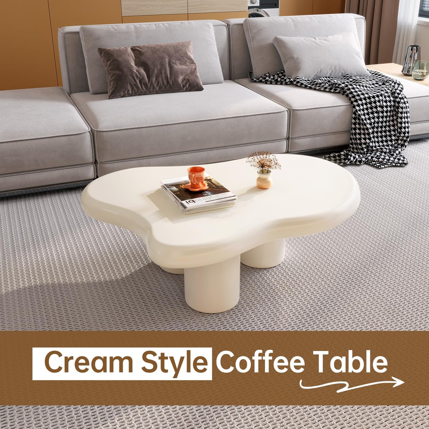 QEZEOM Cloud Coffee Table,Unique Wavy Design, Irregular Shape Living Room Coffee Table, Modern Aesthetic Cute Funky Indoor Center Table for Living Room Bedroom, 46.06in, White