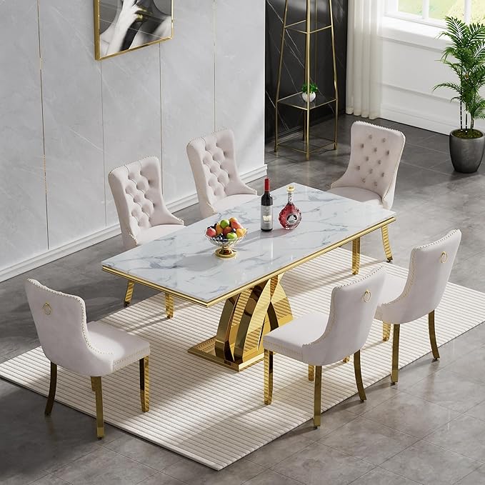 Modern 70" Faux Marble Dining Table Set for 6, White&Gold Marble Dining Table with 6 White Velvet Dining Chairs, Dining Room Table and Chairs Set, Luxury 7 Piece Dining Table Set for Kitchen Dining