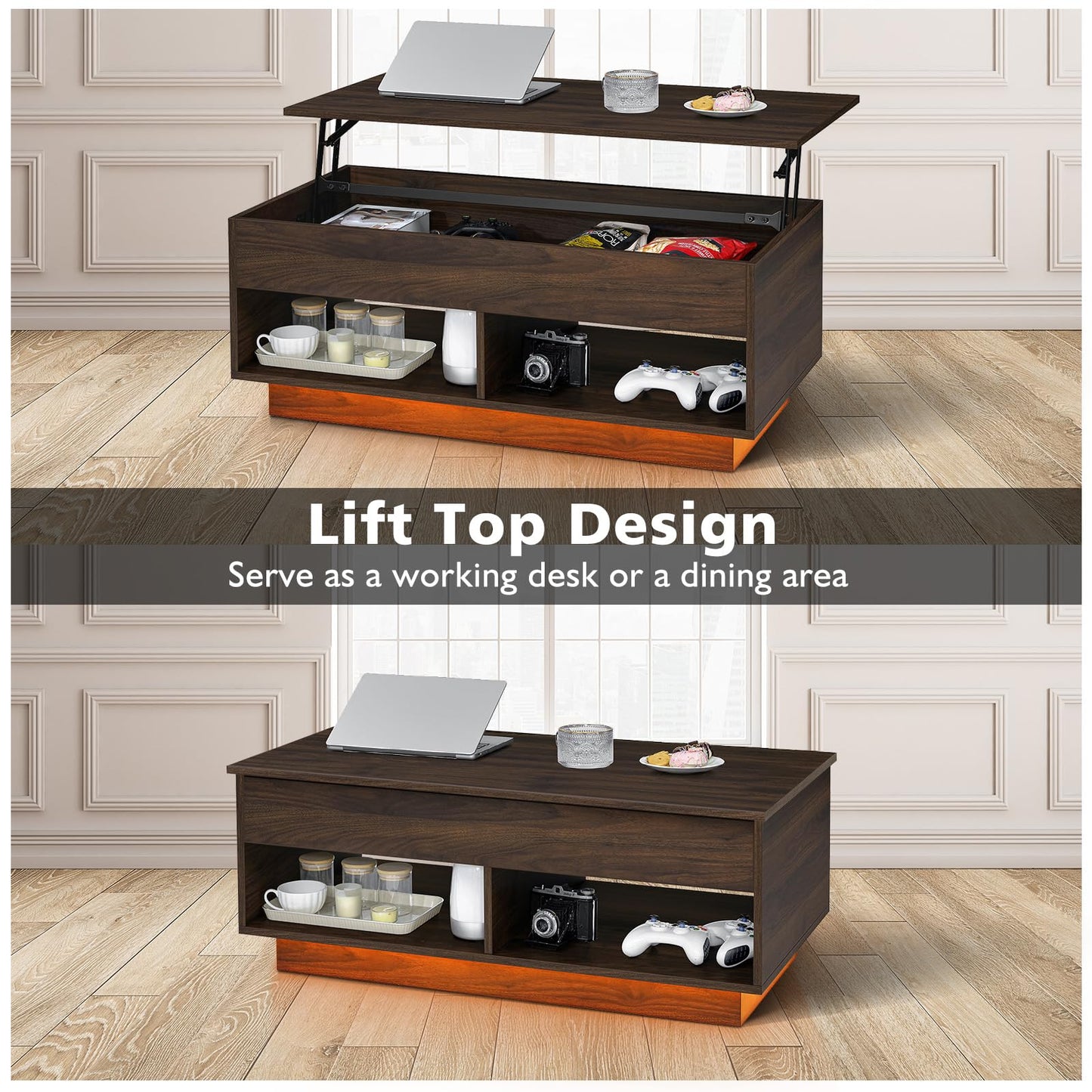 HOMMPA LED Lift Top Coffee Table and TV Stand Set of 2,Modern LED Entertainment Center with Power Outlets for up to 70" TV, Coffee Table with Hidden Compartment & 2 Open Shelve Walnut