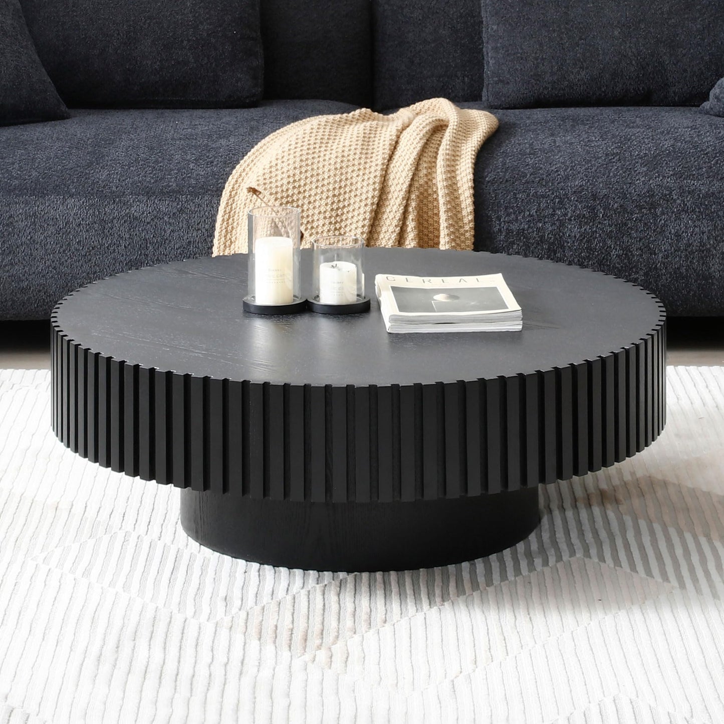 31.49" Round Coffee Table, Coffee Tables for Living Room Mid Century Modern Coffee Table, Small Wood Coffee Table for Living Room, Bedroom, Home Office, Black