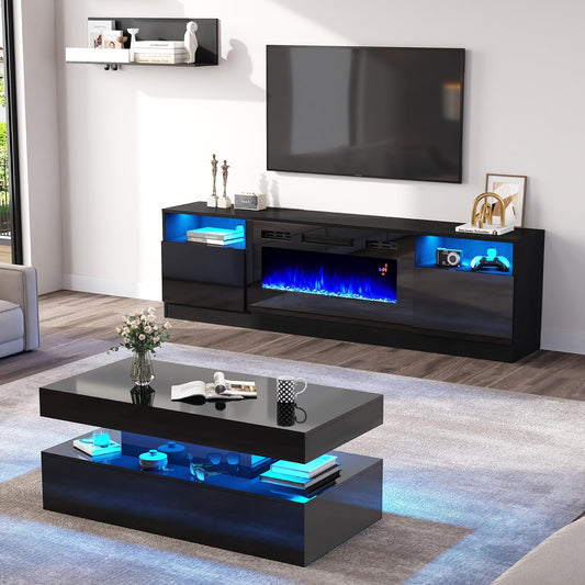 AMERLIFE 2-Piece Modern High Gloss Living Room Table Set, 80" Fireplace TV Stand, 39.4" Coffee Table with 2-Tier Storage, LED Lights Entertainment Center Set, Black