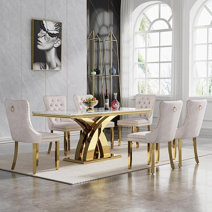 Modern 70" Faux Marble Dining Table Set for 6, White&Gold Marble Dining Table with 6 White Velvet Dining Chairs, Dining Room Table and Chairs Set, Luxury 7 Piece Dining Table Set for Kitchen Dining