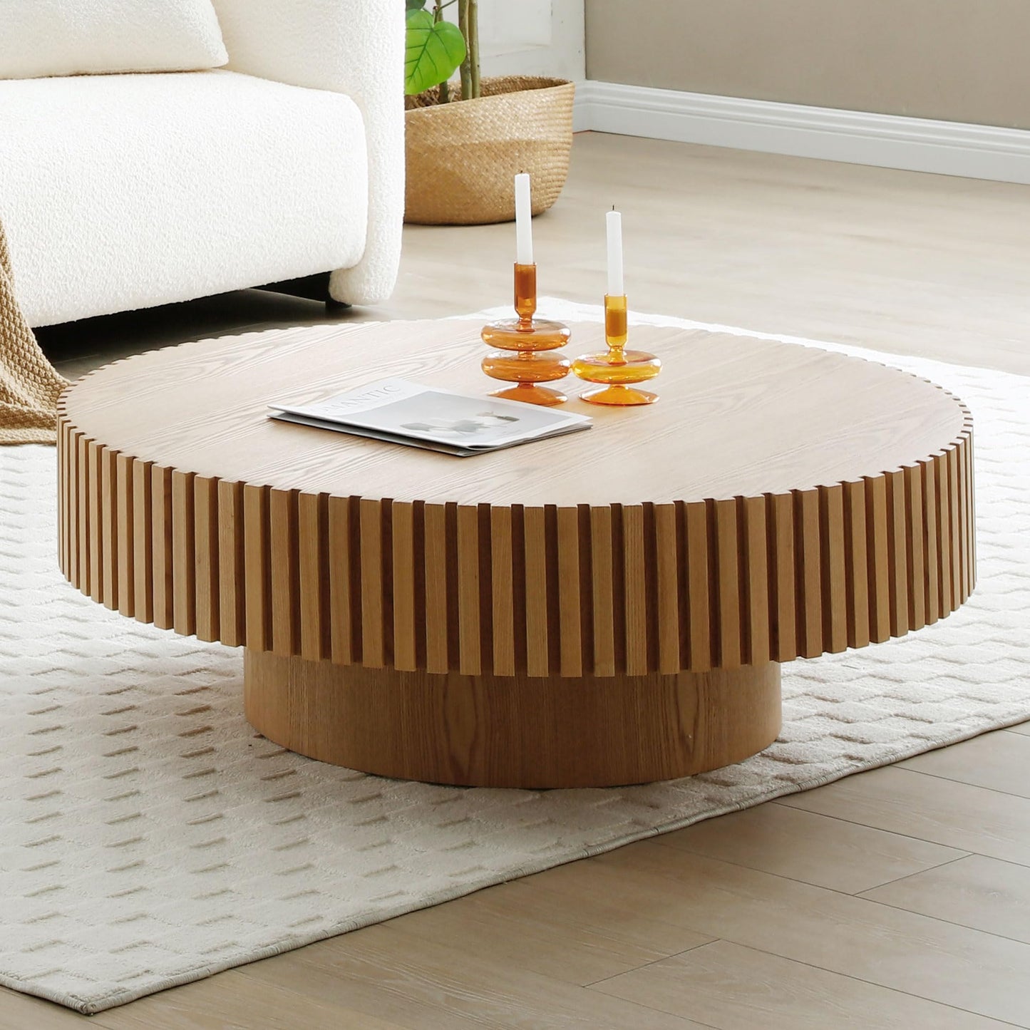 DREAMODERN 31.49'' Round Coffee Table Wood End Table for Living Room, Modern Contemporary Circle Fluted Drum Side Table, Easy Assembly for Small Space - ø31.49'' x 13.7''H Oak