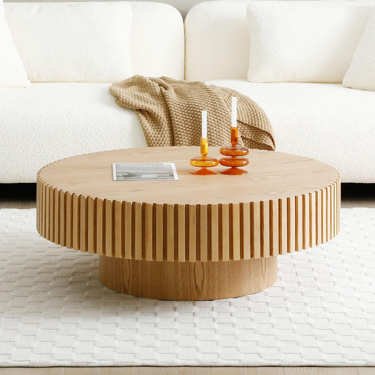 DREAMODERN 31.49'' Round Coffee Table Wood End Table for Living Room, Modern Contemporary Circle Fluted Drum Side Table, Easy Assembly for Small Space - ø31.49'' x 13.7''H Oak