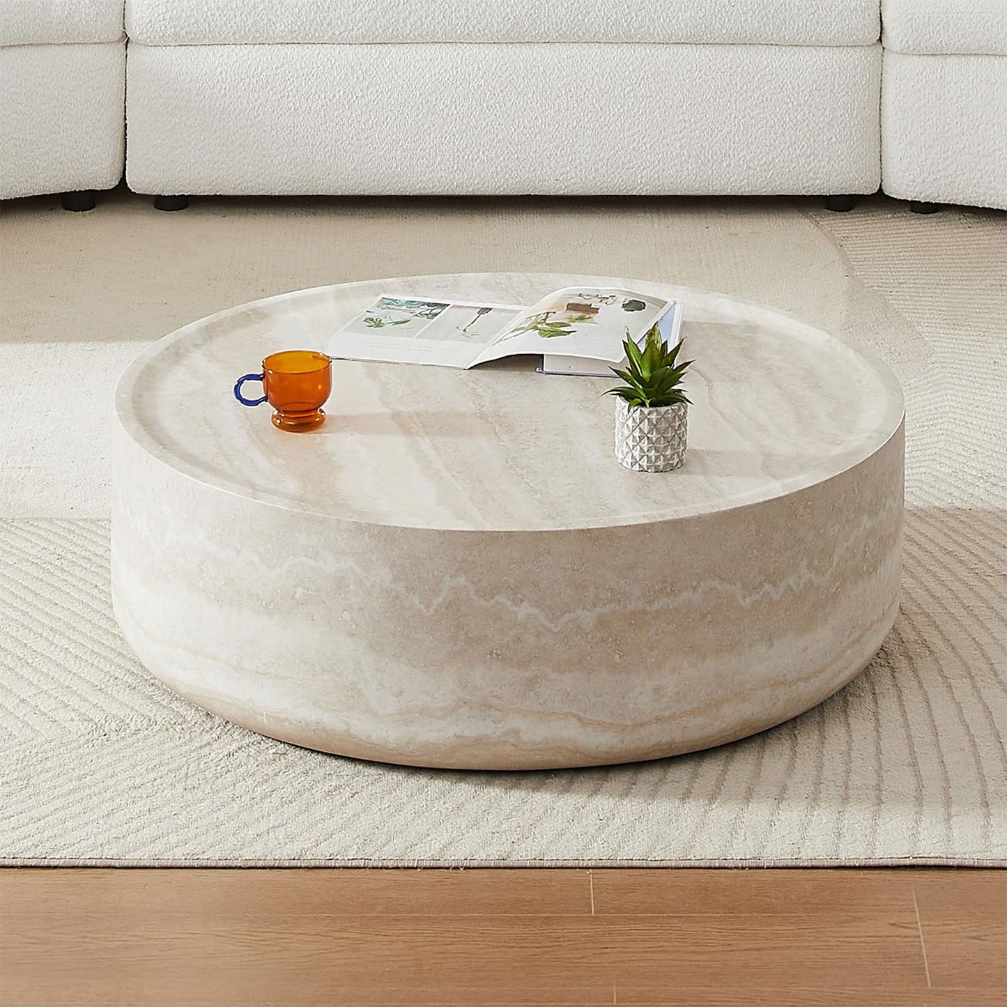 HMFULE 39.37'' Round Coffee Table, Modern Marble Texture Tea Table, Fiberglass Low Minimalist Integrated Coffee Table for Living Room, No Need Assembly (Marble)