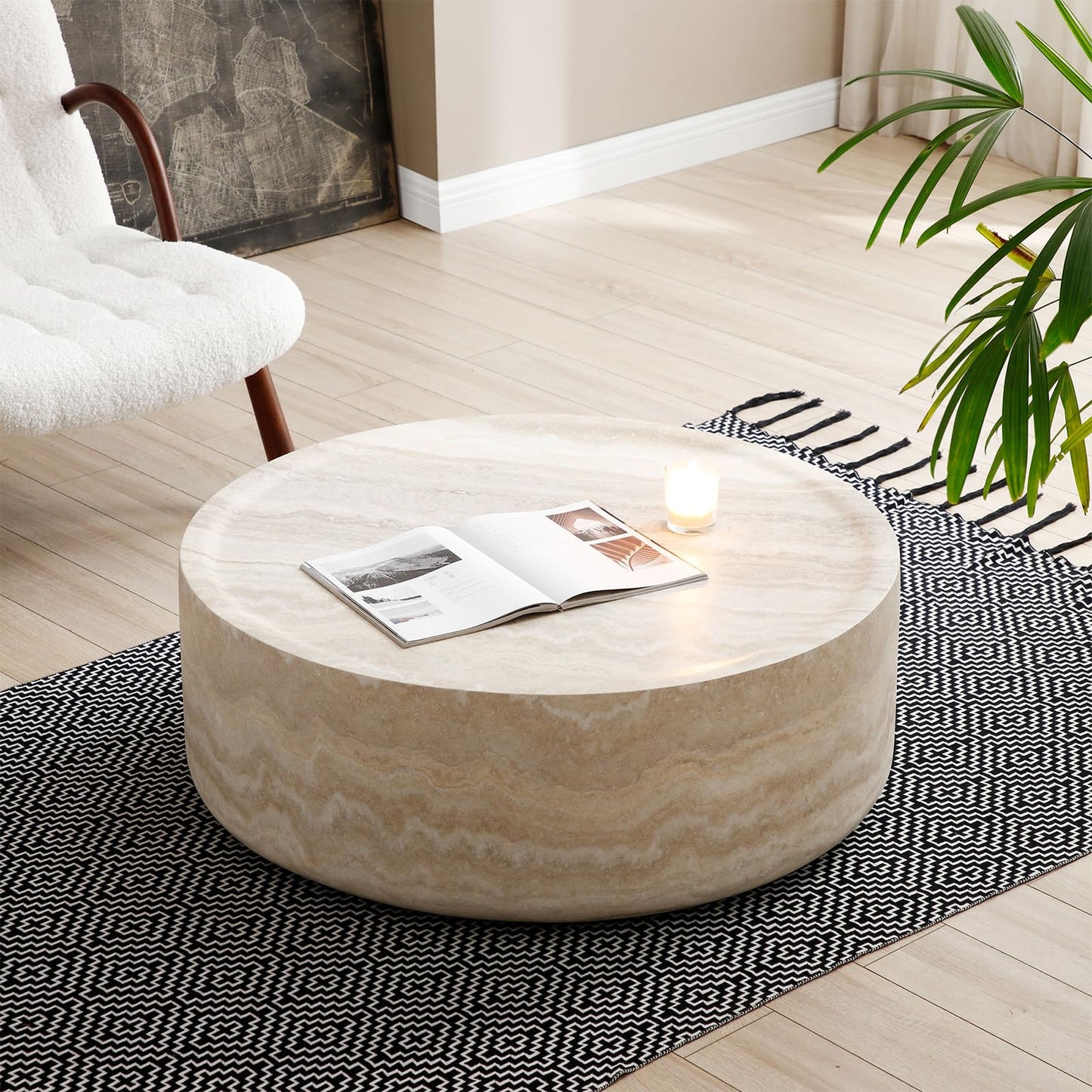 HMFULE 39.37'' Round Coffee Table, Modern Marble Texture Tea Table, Fiberglass Low Minimalist Integrated Coffee Table for Living Room, No Need Assembly (Marble)