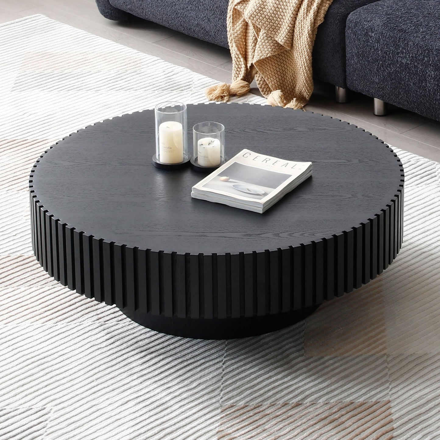 31.49" Round Coffee Table, Coffee Tables for Living Room Mid Century Modern Coffee Table, Small Wood Coffee Table for Living Room, Bedroom, Home Office, Black