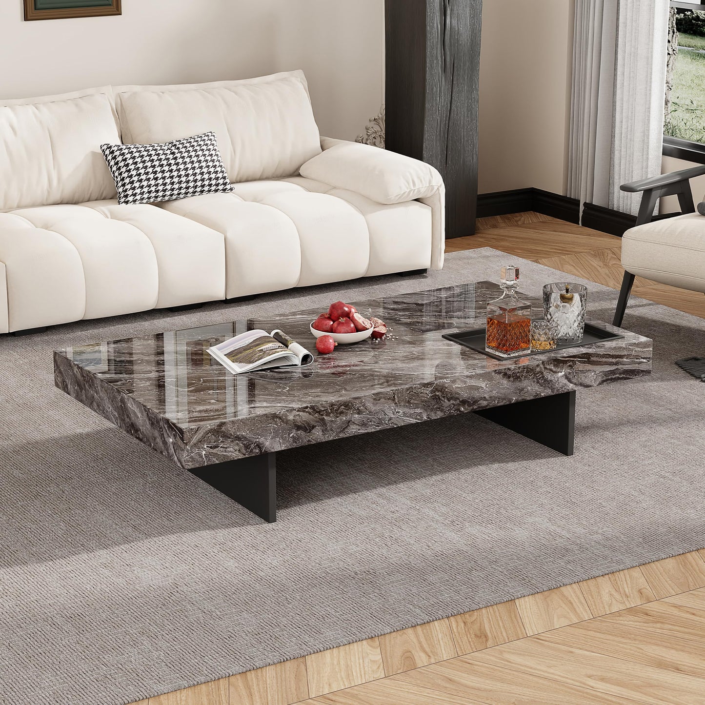 Modern Coffee Table for Living Room, 51.2" Large Rectangle Living Room Table Sintered Stone Tabletop with Black Stainless Steel Legs, Center Table for Home Office