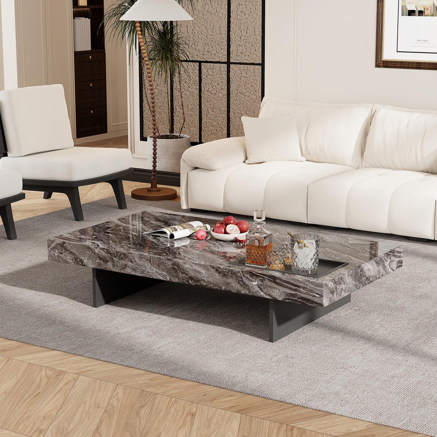 Modern Coffee Table for Living Room, 51.2" Large Rectangle Living Room Table Sintered Stone Tabletop with Black Stainless Steel Legs, Center Table for Home Office