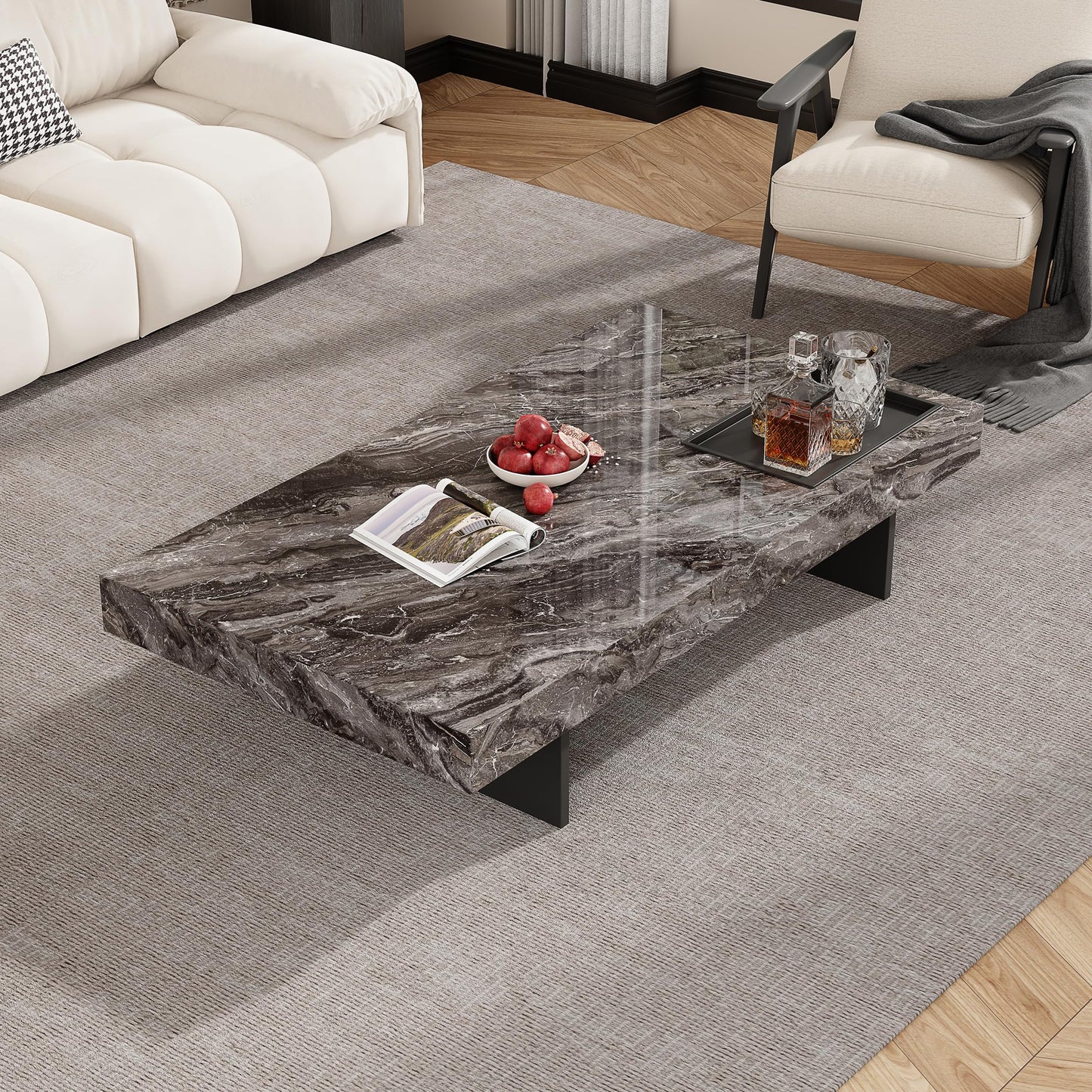 Modern Coffee Table for Living Room, 51.2" Large Rectangle Living Room Table Sintered Stone Tabletop with Black Stainless Steel Legs, Center Table for Home Office